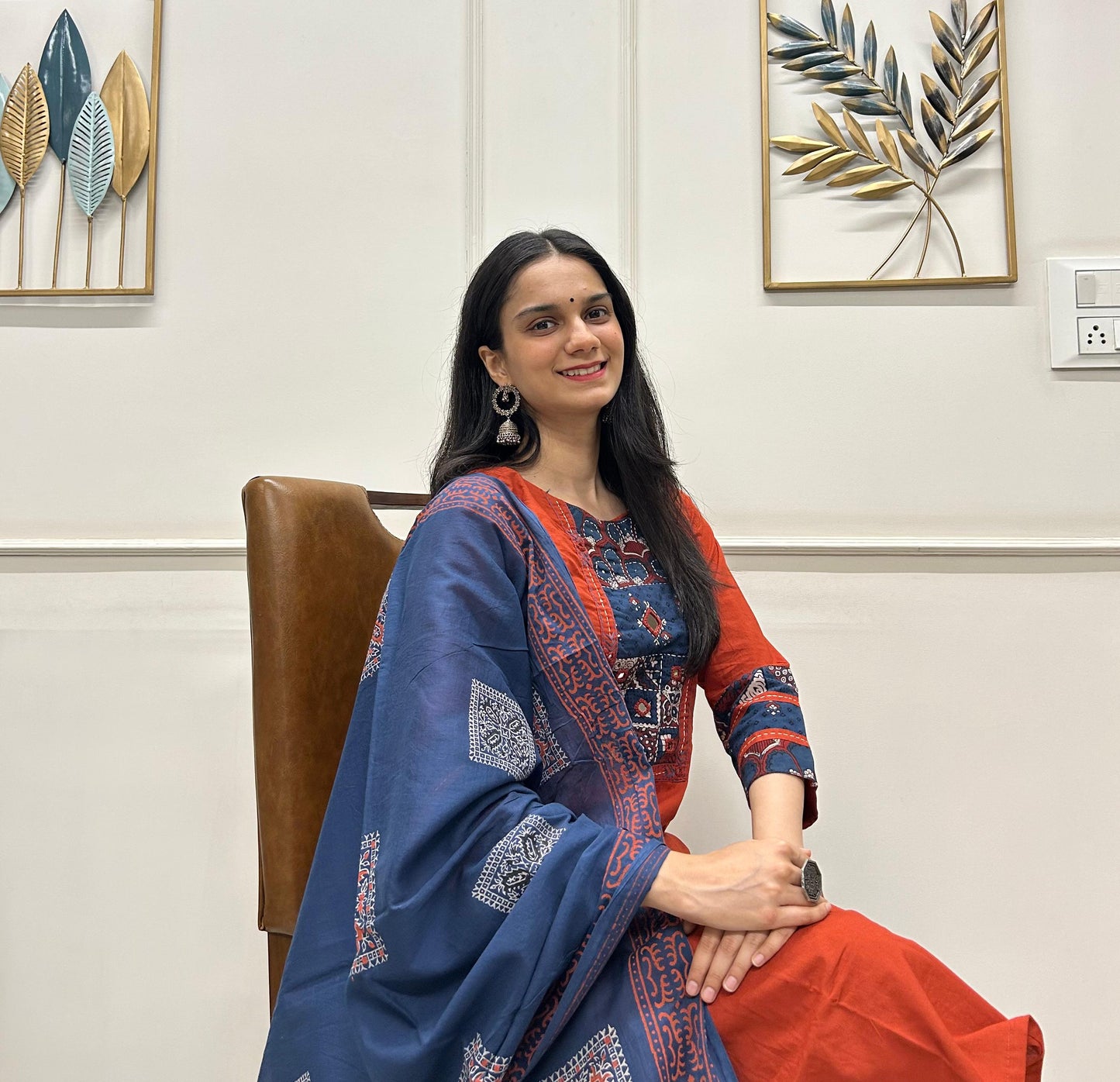 Organic Cotton Kurti Pant Dupatta Set With Ajarakh Patchwork,Light Handwork And Mirror Work