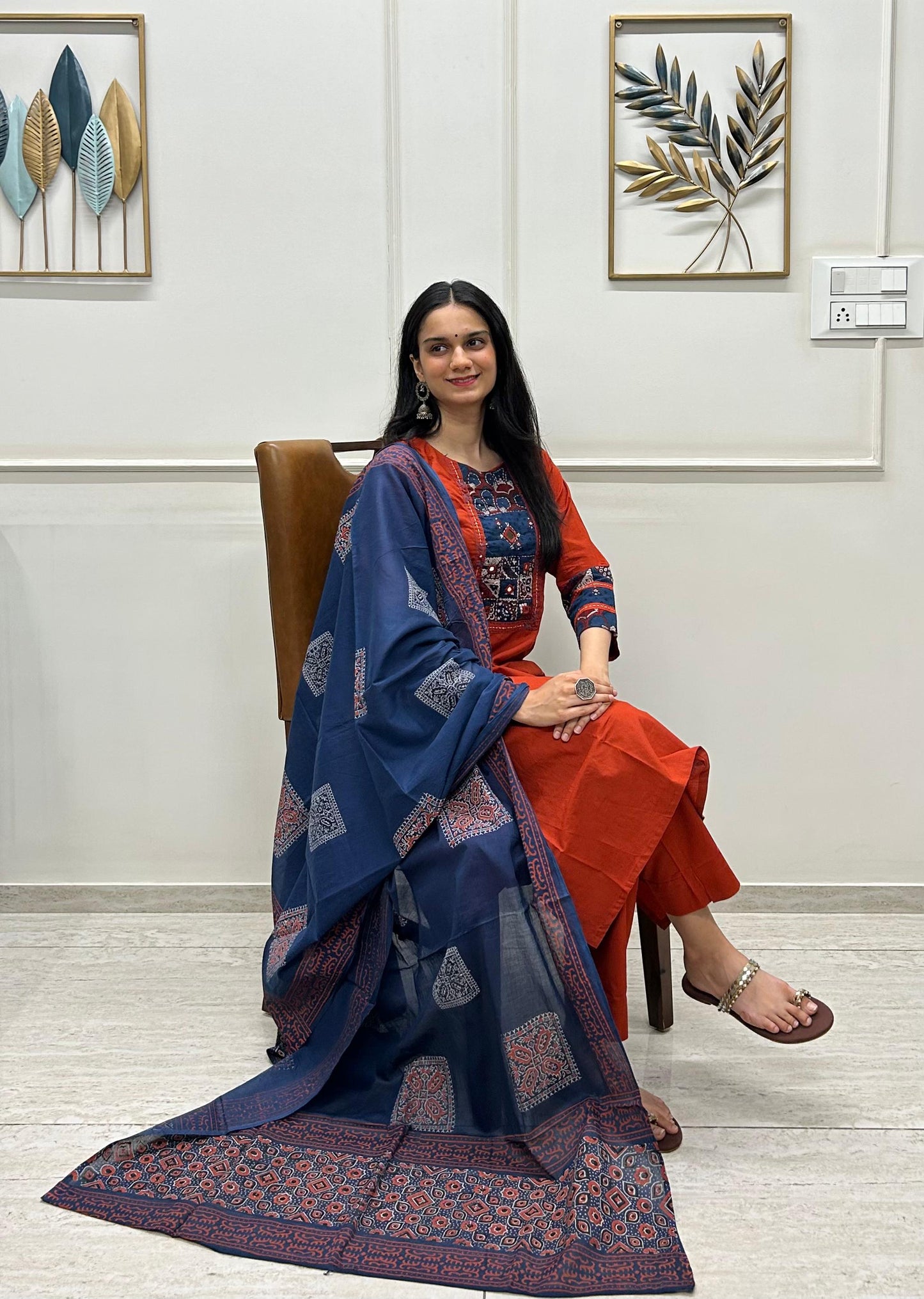Organic Cotton Kurti Pant Dupatta Set With Ajarakh Patchwork,Light Handwork And Mirror Work