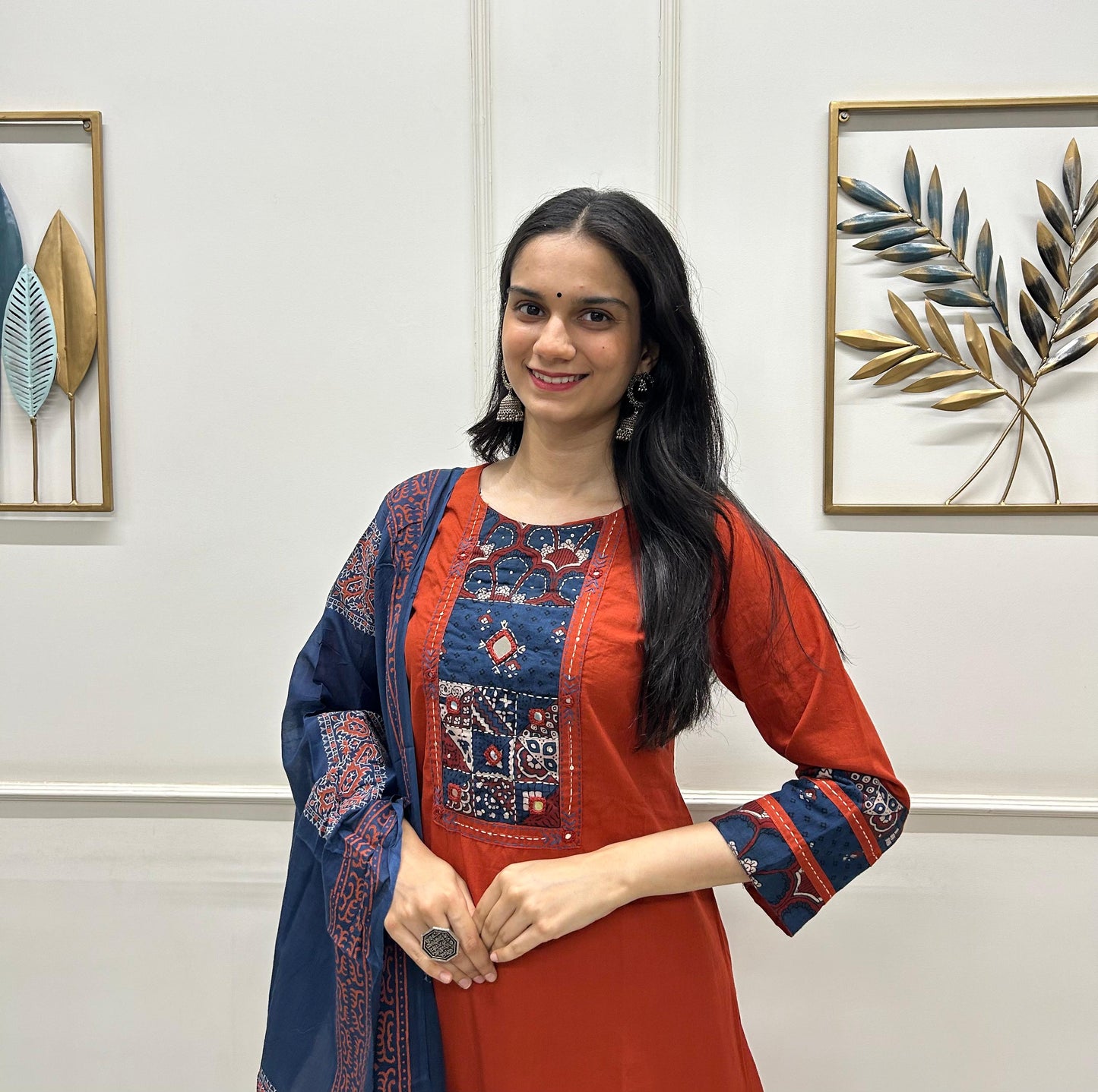 Organic Cotton Kurti Pant Dupatta Set With Ajarakh Patchwork,Light Handwork And Mirror Work