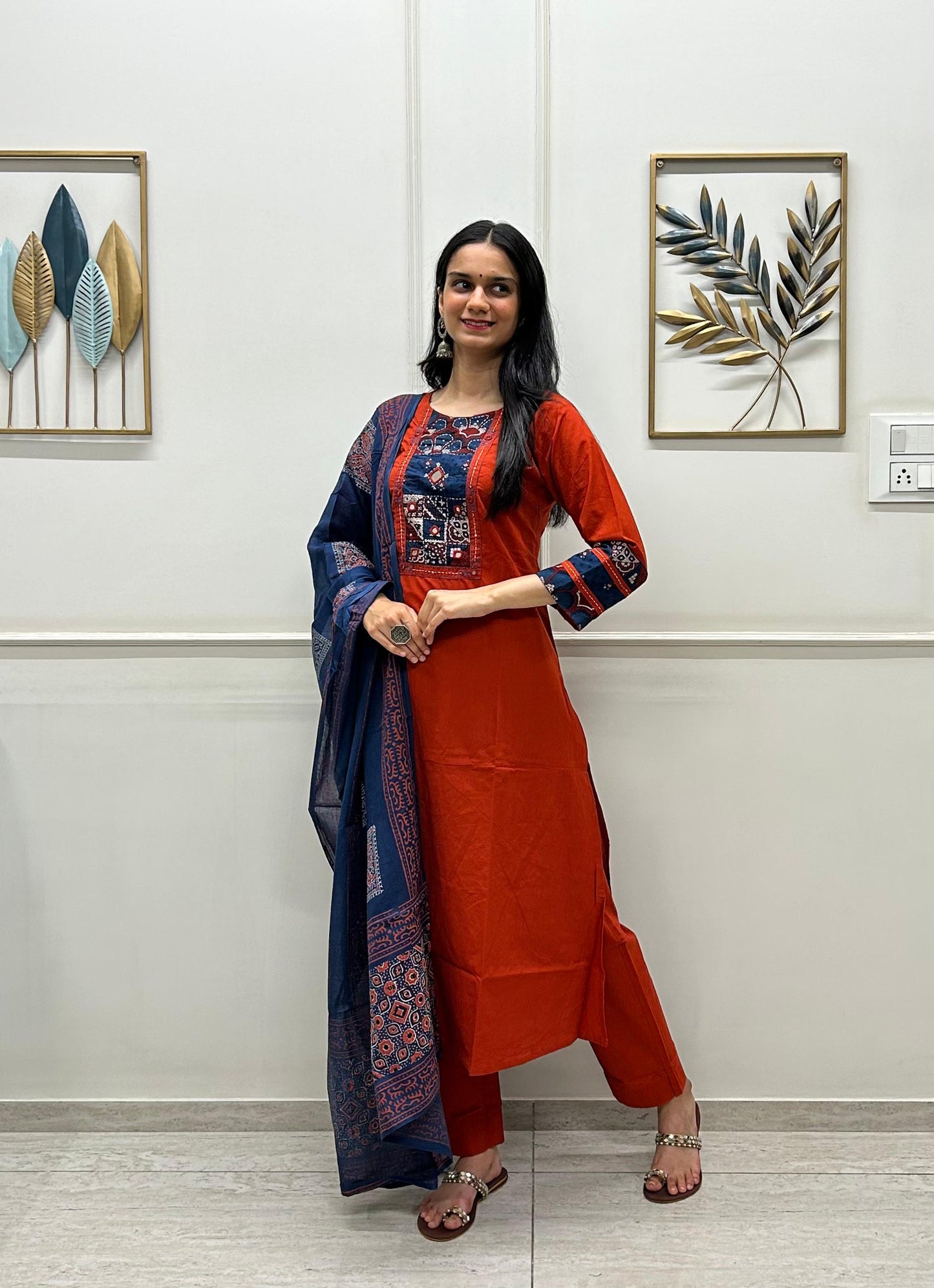 Organic Cotton Kurti Pant Dupatta Set With Ajarakh Patchwork,Light Handwork And Mirror Work