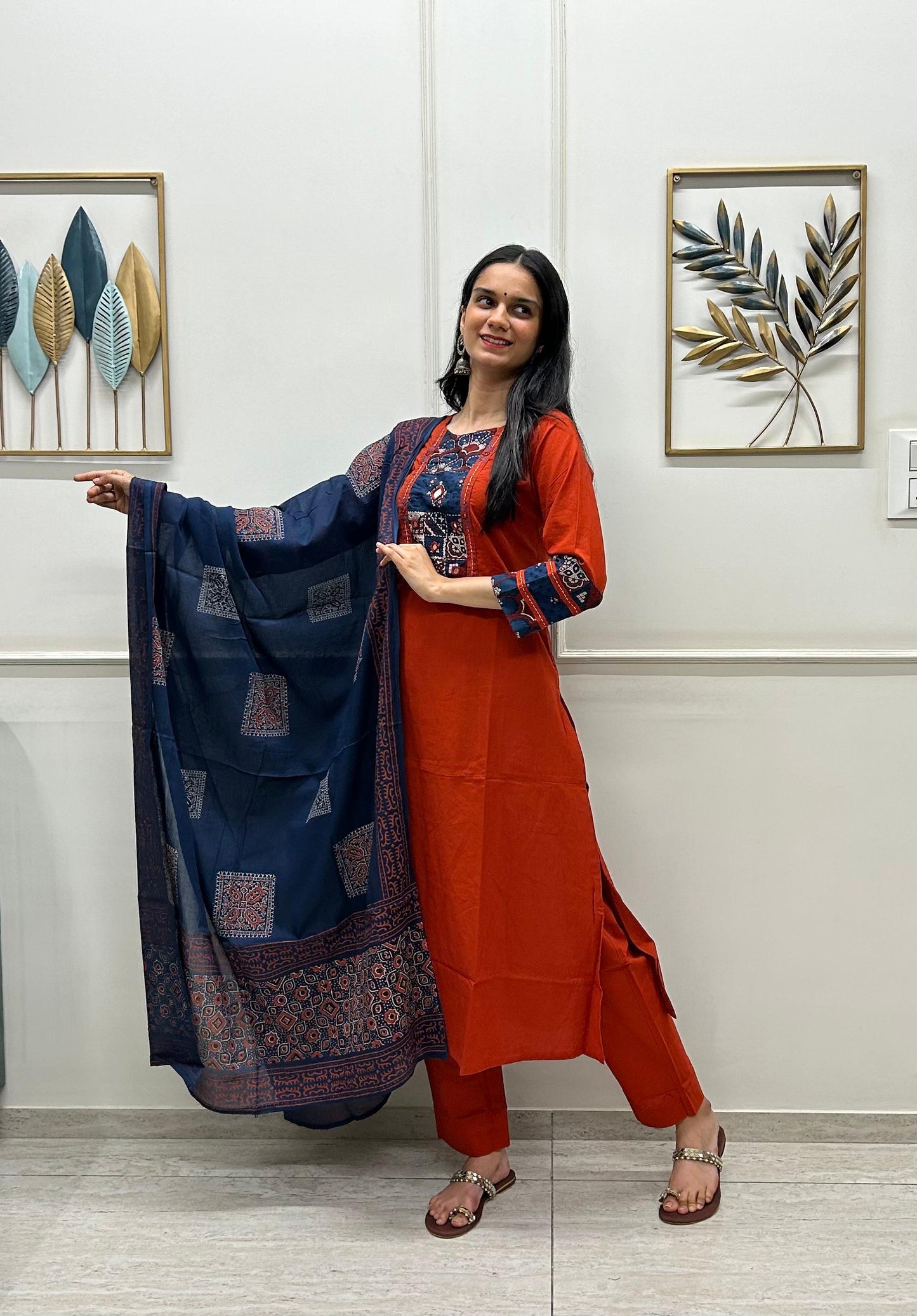 Organic Cotton Kurti Pant Dupatta Set With Ajarakh Patchwork,Light Handwork And Mirror Work